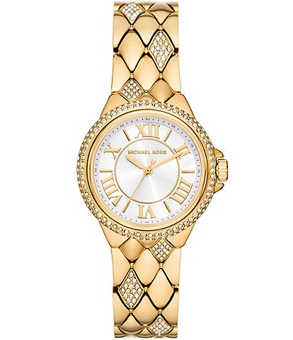 Michael Kors Women's Camille Crystal Pav Three-Hand Gold-Tone Stainless Steel Bracelet Watch