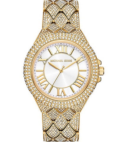 Michael Kors Women's Camille Crystal Three-Hand Pave Gold-Tone Stainless Steel Quilted Bracelet Watch