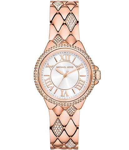 Michael Kors Women's Camille Three-Hand Pave Rose Gold Tone Stainless Steel Crystal Quilted Bracelet Watch