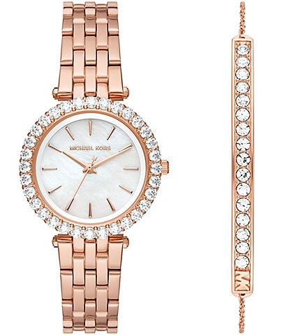Michael Kors Women's Darci Three-Hand Rose Gold-Tone Stainless Steel Bracelet Watch and Pave Bracelet Set