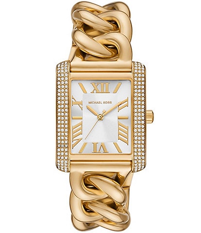 Michael Kors Women's Emery Three-Hand Gold-Tone Pave Curb Chain Bracelet Watch