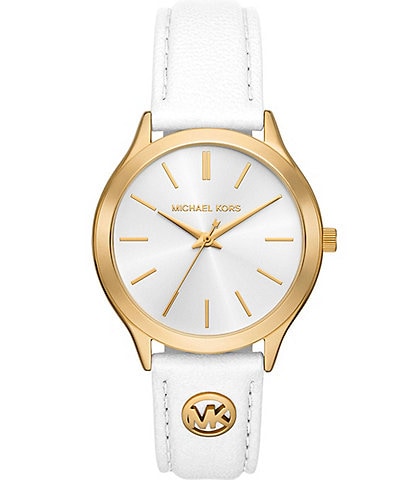 Michael Kors Women's Gold Slim Runway Three Hand White Leather Strap Watch
