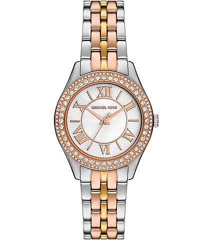 Michael Kors Women's Harlowe Crystal Three-Hand Tri-Tone Stainless Steel Bracelet Analog Watch