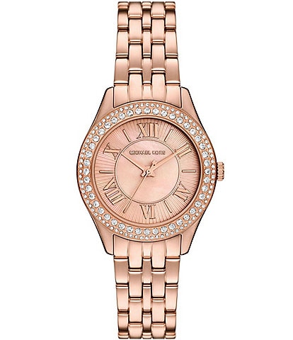 Michael Kors Women's Harlowe Three-Hand Crystal Rose Gold-Tone Stainless Steel Bracelet Watch