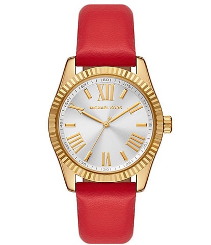 Michael Kors Women's Lexington Three-Hand Red Leather Strap Watch