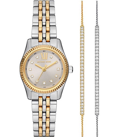 Michael Kors Women's Lexington Three Hand Two Tone Stainless Steel Crystal Bracelet Watch and Bracelet Set