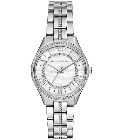 Michael Kors Women's Mini Lauryn Stainless-Steel Watch Stainless Steel Three-Link Bracelet White Mother of Pearl Dial
