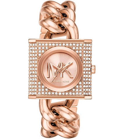 Michael Kors Women's MK Chain Lock Three-Hand Rose Gold-Tone Crystal Stainless Steel Watch