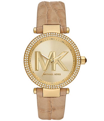 Michael Kors Women's Parker Three-Hand Brown Leather Strap Watch