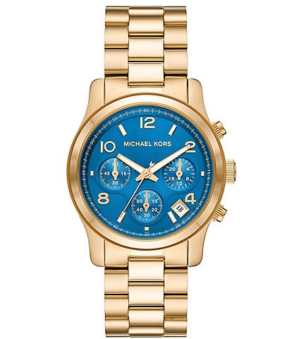 Michael Kors Women's Blue Runway Chronograph Gold-Tone Stainless Steel Bracelet Watch