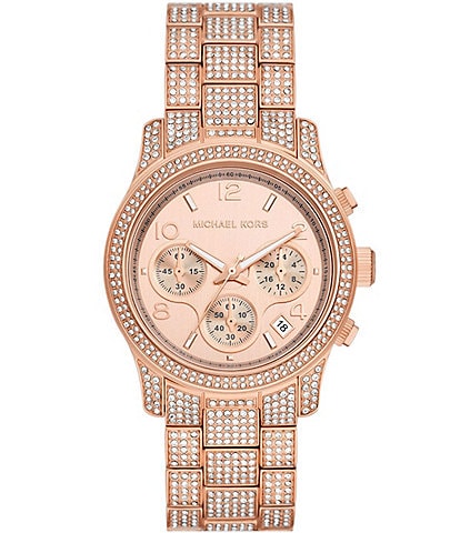 Michael Kors Women's Runway Chronograph Rose Gold-Tone Diamond Stainless Steel Bracelet Watch