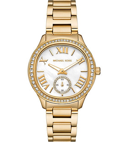 Michael Kors Women's Sage Crystal Embellished Three-Hand Gold-Tone Stainless Steel Bracelet Watch