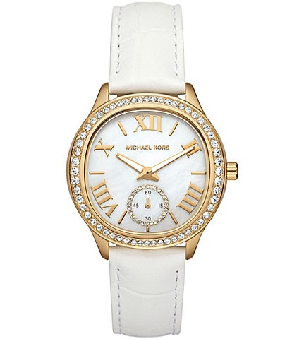 Michael Kors Women's Sage Three-Hand White Croco Embossed Crystal Leather Strap Watch