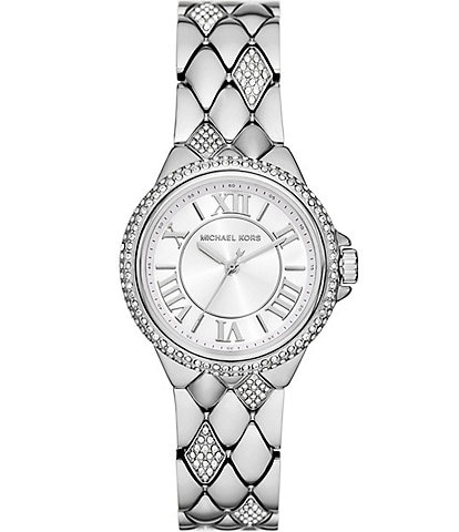 Michael Kors Women's Silver Camille Three-Hand Pave Stainless Steel Crystal Quilted Bracelet Watch