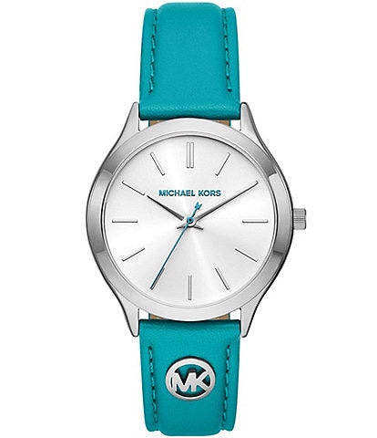 Michael Kors Women's Slim Runway Analog Three Hand Blue Leather Strap Watch