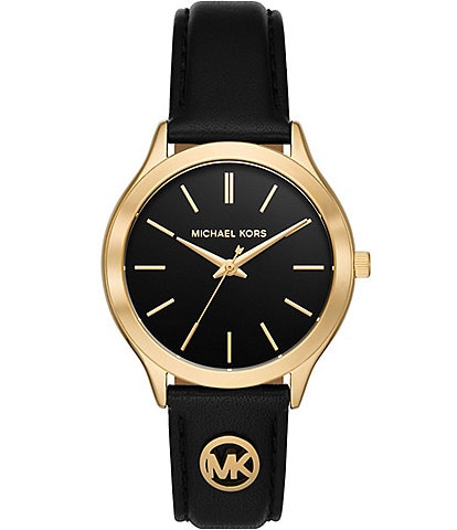 Michael Kors Women's Slim Runway Three-Hand Black Leather Watch