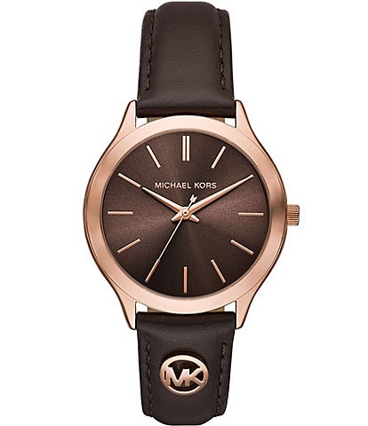 Michael Kors Women's Slim Runway Three-Hand Chocolate Leather Strap Watch