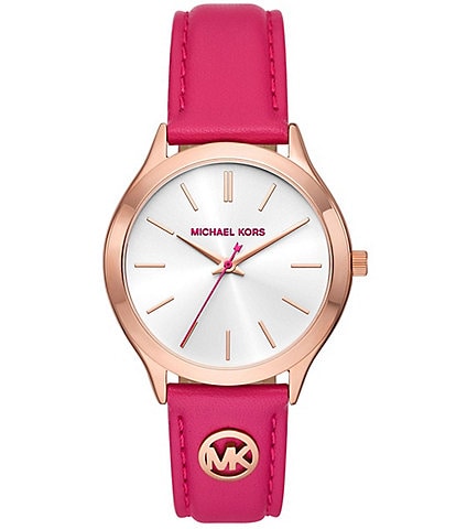 Michael Kors Women's Slim Runway Three-Hand Deep Pink Leather Strap Watch