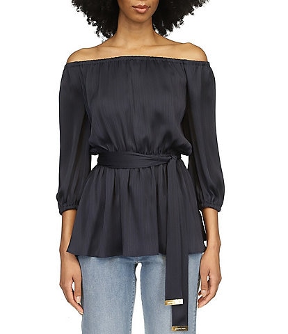 Michael Kors Woven On/Off-The-Shoulder 3/4 Sleeve Self Tie Waist Blouse