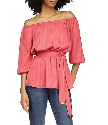 Michael Kors Woven On/Off-The-Shoulder 3/4 Sleeve Self Tie Waist Blouse