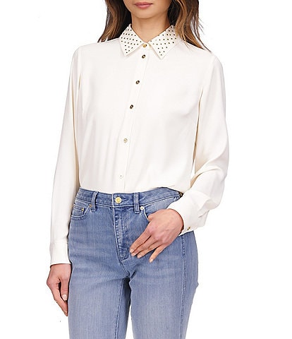 MICHAEL Michael Kors Astor Stud Collar Long Sleeve Button-Front Top