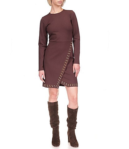 MICHAEL Michael Kors Astor Stud Knit Crew Neck Long Sleeve Faux Wrap Dress