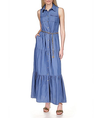 MICHAEL Michael Kors Chambray Tiered Button Front A-Line Maxi Dress