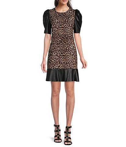 MICHAEL Michael Kors Cheetah Print Knit Crew Neck Short Puff Sleeve Tiered Ruffle Hem Sheath Dress