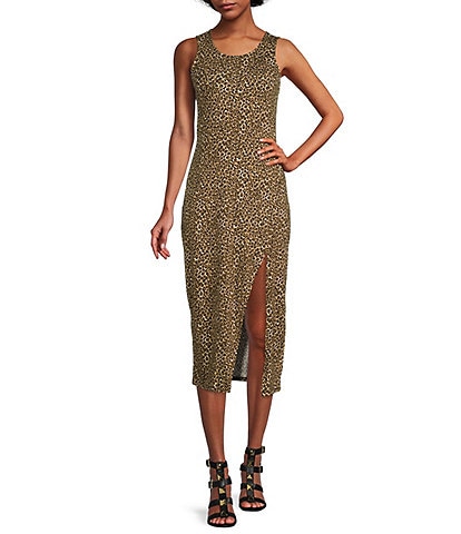 MICHAEL Michael Kors Cheetah Print Organic Cotton Scoop Neck Sleeveless Button Thigh High Slit Sheath Midi Dress