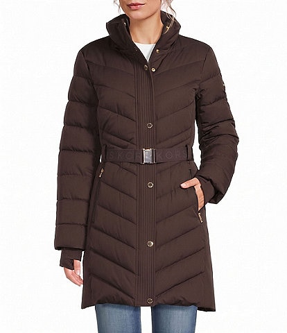 MICHAEL Michael Kors Chevron Pattern Stand Collar Removable Hood Belted Zip Front Puffer