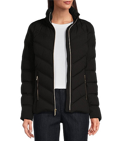 MICHAEL Michael Kors Chevron Pattern Stand Collar Removable Hooded Zip Front Packable Puffer Jacket