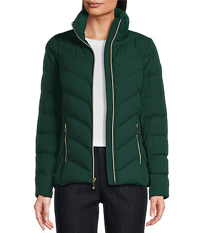 MICHAEL Michael Kors Chevron Pattern Stand Collar Removable Hooded Zip Front Packable Puffer Jacket