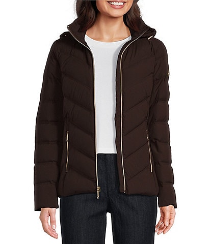 MICHAEL Michael Kors Chevron Pattern Stand Collar Removable Hooded Zip Front Packable Puffer Jacket