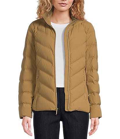 MICHAEL Michael Kors Chevron Pattern Stand Collar Removable Hooded Zip Front Packable Puffer Jacket