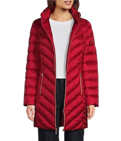 MICHAEL Michael Kors Chevron Pattern Stand Collar Zip Front Puffer Coat