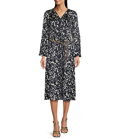 MICHAEL Michael Kors Crinkled Satin Bell Sleeve Tie Neck Chain Belted Midi Dress