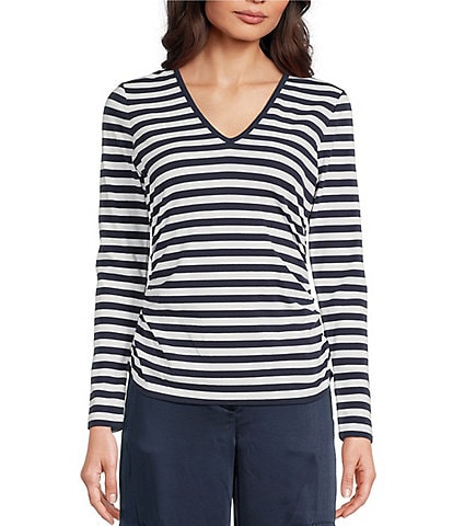 MICHAEL Michael Kors Double Knit Ruched Stretch Stripe Print V-Neck Long Sleeve Top