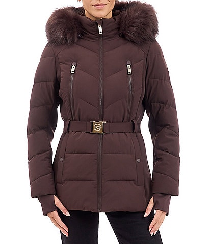 MICHAEL Michael Kors Faux Fur Stand Collar Hooded Belted Puffer Jacket