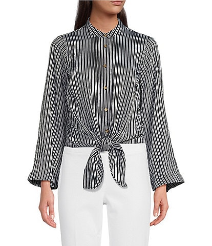 MICHAEL Michael Kors Halo Pinstripe Woven Banded Collar Long Flare Sleeve Front-Tie Hem Top