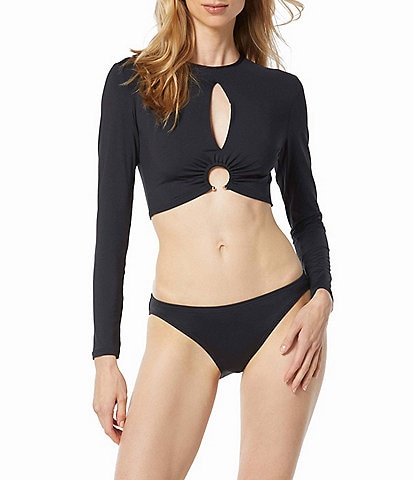 MICHAEL Michael Kors High Keyhole Neck Long Sleeve Crop Top & Classic Bikini Swim Bottom