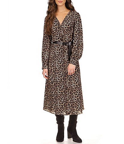 MICHAEL Michael Kors Kate Cheetah Print Pebble Crepe V-Neck Long Sleeve Belted A-Line Dress