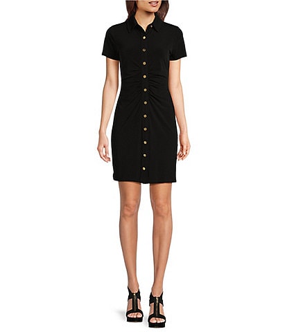 MICHAEL Michael Kors Knit Collared Button Front Ruched Dress