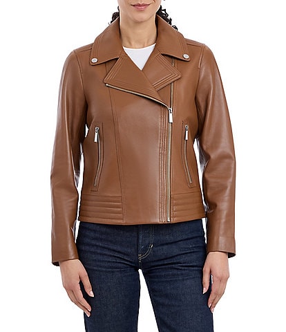 MICHAEL Michael Kors Leather Notch Collar Asymmetric Zip Front Jacket