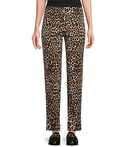 MICHAEL Michael Kors Mega Cheetah Print Classic Stretch Twill Slit Hem Slim Leg Flat Front Pants