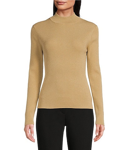 MICHAEL Michael Kors Metallic Ribbed Knit Mock Neck Long Sleeve Fitted Top
