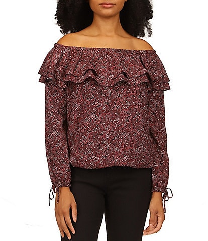 MICHAEL Michael Kors Paisley Print Layered Ruffle Off-the-Shoulder Long Sleeve Tie Cuff Top