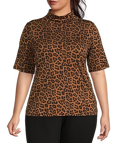 MICHAEL Michael Kors Plus Size Leopard Print Knit Jersey Short Sleeve Turtleneck Top