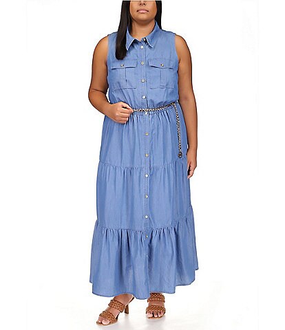 MICHAEL Michael Kors Plus Size Chambray Tiered Button Front A-Line Maxi Dress