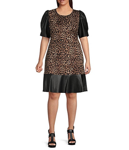 MICHAEL Michael Kors Plus Size Cheetah Print Mixed Faux Leather Knit Jewel Neck Short Puff Sleeve Tiered Ruffle Hem Dress