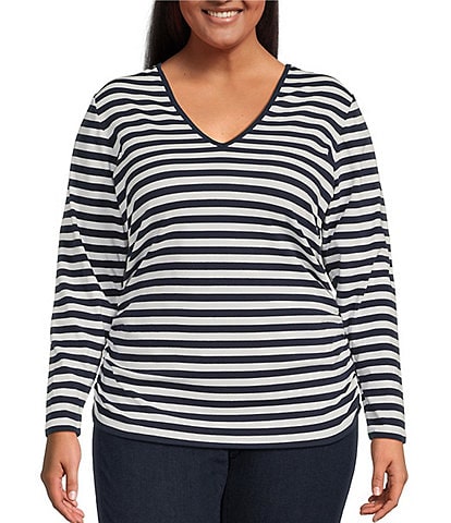 MICHAEL Michael Kors Plus Size Double Knit Ruched Stretch Stripe Print V-Neck Long Sleeve Top
